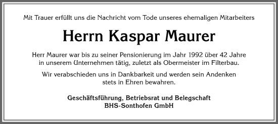 Traueranzeige von Kaspar Maurer von Allgäuer Anzeigeblatt