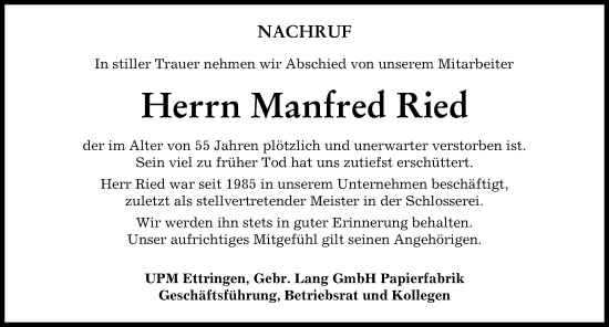 Traueranzeige von Manfred Ried von Augsburger Allgemeine, Mindelheimer Zeitung