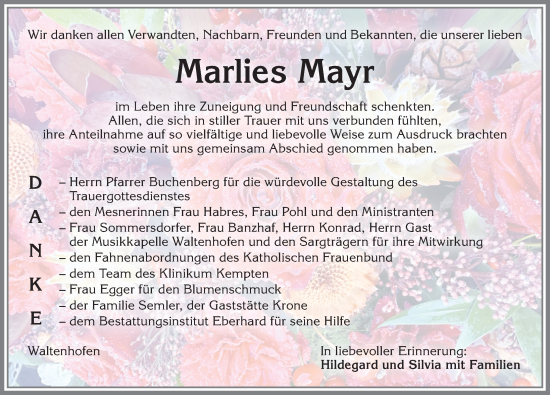 Traueranzeige von Marlies Mayr von Allgäuer Zeitung,Kempten