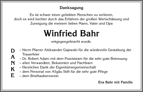 Traueranzeige von Winfried Bahr von Allgäuer Zeitung,Kempten
