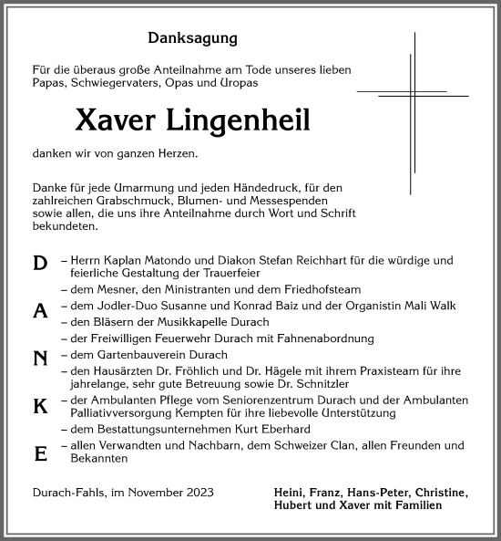 Traueranzeige von Xaver Lingenheil von Allgäuer Zeitung,Kempten