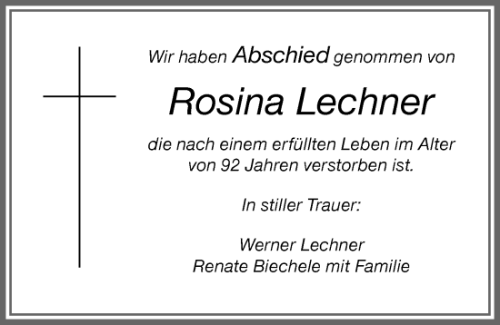 Traueranzeige von Rosina Lechner von Allgäuer Zeitung,Kempten