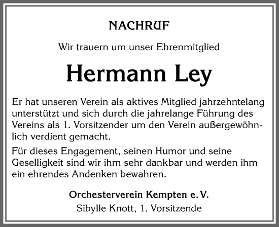 Traueranzeige von Hermann Ley von Allgäuer Zeitung,Kempten