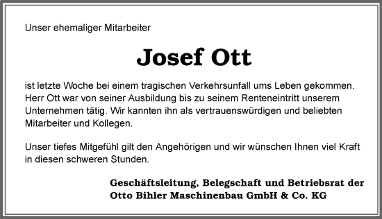 Traueranzeige von Josef Ott von Allgäuer Zeitung, Füssen