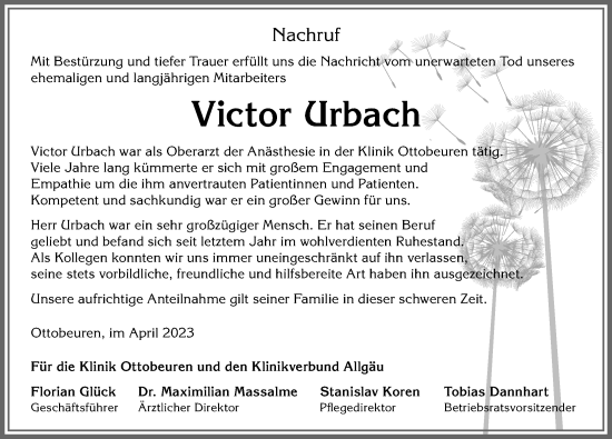 Traueranzeige von Victor Urbach von Allgäuer Anzeigeblatt