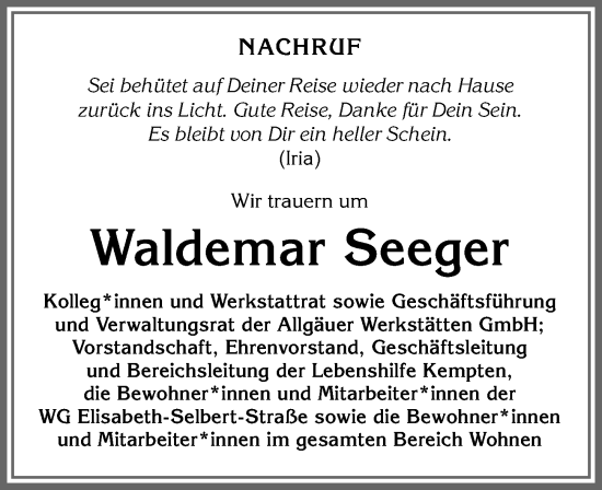 Traueranzeige von Waldemar Seeger von Allgäuer Zeitung,Kempten