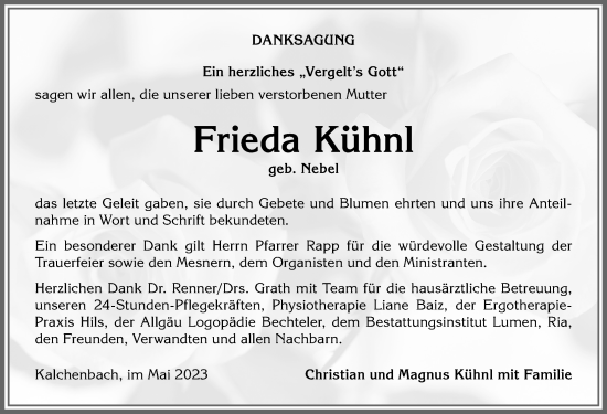 Traueranzeige von Frieda Kühnl von Allgäuer Anzeigeblatt
