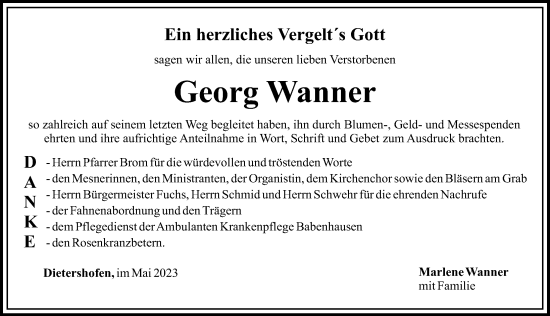 Traueranzeige von Georg Wanner von Augsburger Allgemeine, Illertisser Zeitung