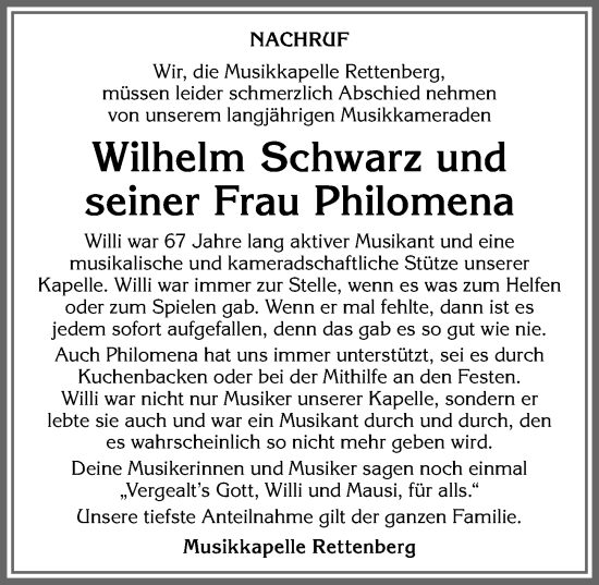 Traueranzeige von Philomena Schwarz von Allgäuer Anzeigeblatt
