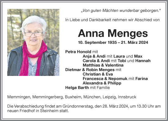 Traueranzeige von Anna Menges von Memminger Zeitung