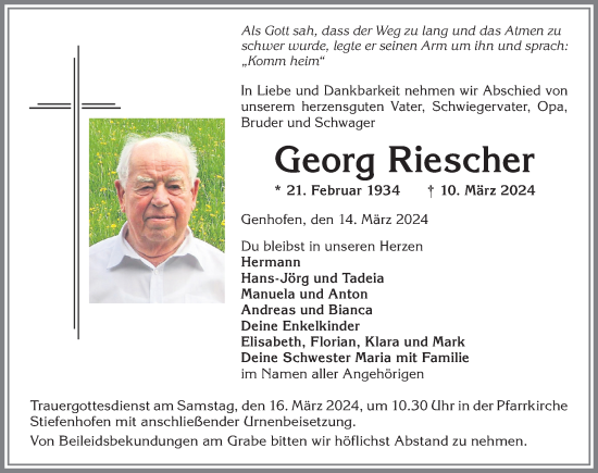 Traueranzeige von Georg Riescher von Allgäuer Anzeigeblatt