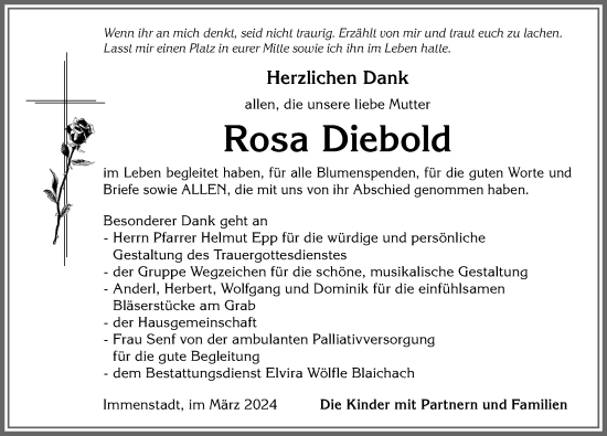 Traueranzeige von Rosa Diebold von Allgäuer Anzeigeblatt