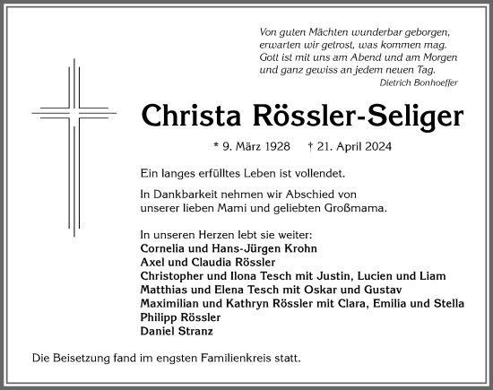 Traueranzeige von Christa Rössler-Seliger von Allgäuer Anzeigeblatt