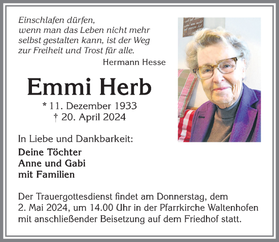Traueranzeige von Emmi Herb von Allgäuer Zeitung,Kempten