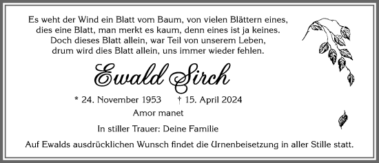 Traueranzeige von Ewald Sirch von Allgäuer Zeitung, Kaufbeuren/Buchloe