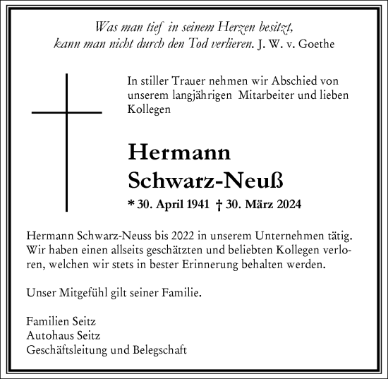 Traueranzeige von Hermann Schwarz-Neuß von Allgäuer Zeitung,Kempten