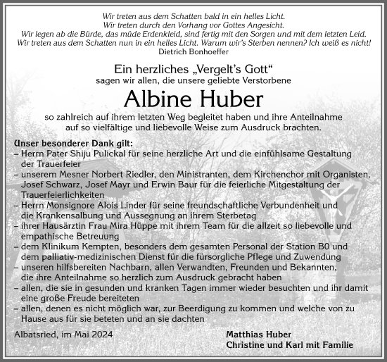 Traueranzeige von Albine Huber von Allgäuer Zeitung, Füssen