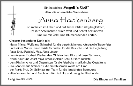 Traueranzeige von Anna Hackenberg von Allgäuer Zeitung, Füssen