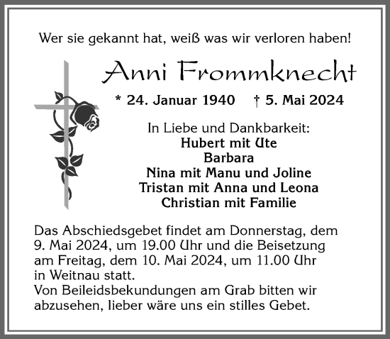 Traueranzeige von Anni Frommknecht von Allgäuer Zeitung,Kempten