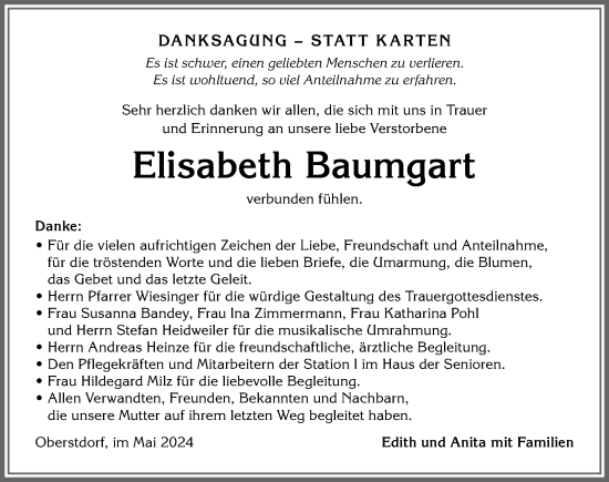Traueranzeige von Elisabeth Baumgart von Allgäuer Anzeigeblatt