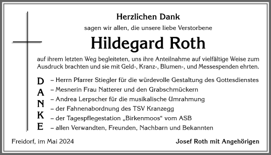 Traueranzeige von Hildegard Roth von Allgäuer Anzeigeblatt