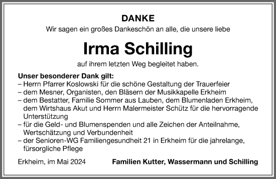 Traueranzeige von Irma Schilling von Memminger Zeitung