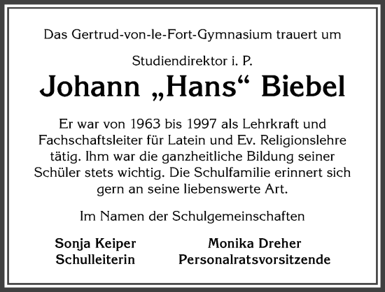 Traueranzeige von Johann Biebel von Allgäuer Anzeigeblatt