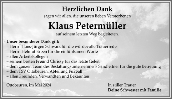 Traueranzeige von Klaus Petermüller von Memminger Zeitung
