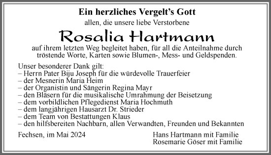 Traueranzeige von Rosalia Hartmann von Allgäuer Zeitung, Marktoberdorf