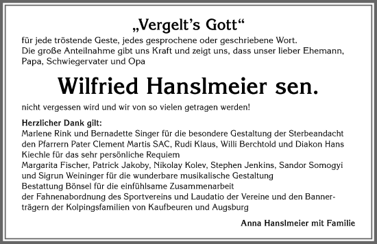 Traueranzeige von Wilfried Hanslmeier von Allgäuer Zeitung, Kaufbeuren/Buchloe