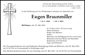 Traueranzeige von Eugen Braunmiller von Augsburger Allgemeine