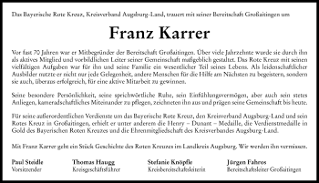 Traueranzeige von Franz Karrer von Augsburger Allgemeine