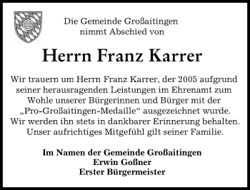 Traueranzeige von Franz Karrer von Schwabmünchner Allgemeine