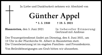 Traueranzeige von Günther Appel von Augsburger Allgemeine