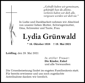 Traueranzeige von Lydia Grünwald von Neuburger Rundschau
