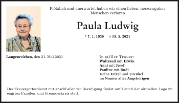 Traueranzeige von Paula Ludwig von Augsburg-Land