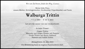 Traueranzeige von Walburga Trittin von Augsburger Allgemeine