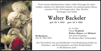 Traueranzeige von Walter Backeler von Neu-Ulmer Zeitung