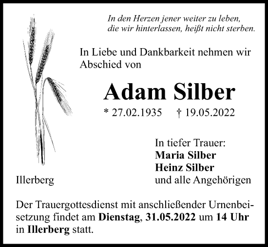 Traueranzeige von Adam Silber von Illertisser Zeitung, Neu-Ulmer Zeitung