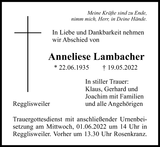 Traueranzeige von Anneliese Lambacher von Illertisser Zeitung