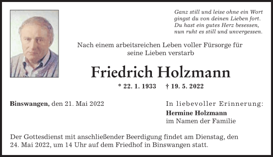 Traueranzeige von Friedrich Holzmann von Wertinger Zeitung