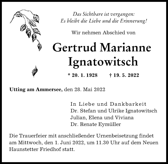 Traueranzeige von Gertrud Marianne Ignatowitsch von Landsberger Tagblatt, Augsburger Allgemeine