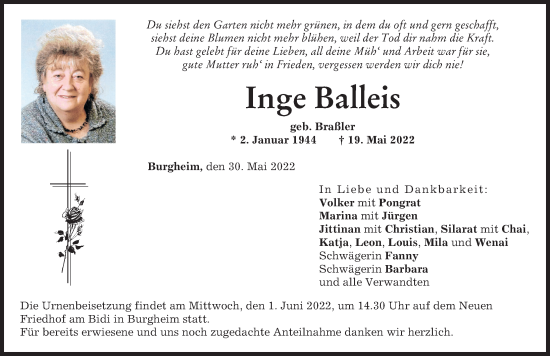 Traueranzeige von Inge Balleis von Donauwörther Zeitung, Neuburger Rundschau