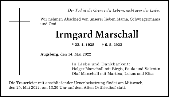 Traueranzeige von Irmgard Marschall von Augsburger Allgemeine