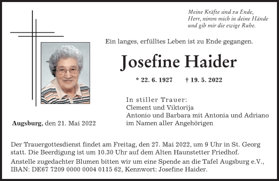 Traueranzeige von Josefine Haider von Augsburger Allgemeine