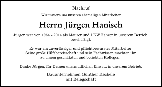 Traueranzeige von Jürgen Hanisch von Donauwörther Zeitung