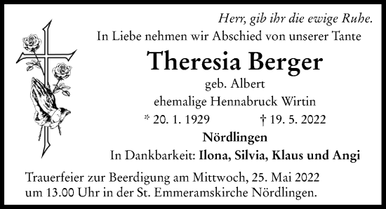 Traueranzeige von Theresia Berger von Rieser Nachrichten