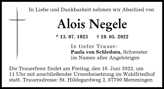 Traueranzeige von Alois Negele von Landsberger Tagblatt