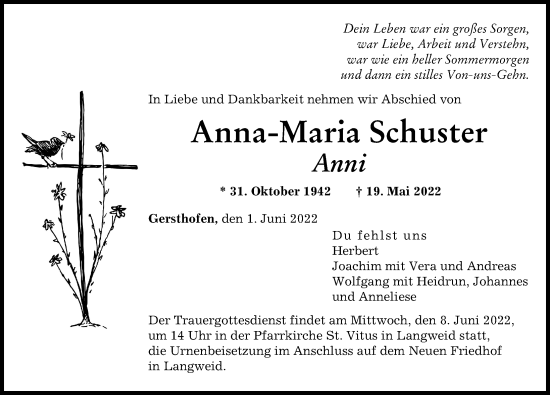 Traueranzeige von Anna-Maria Schuster von Wertinger Zeitung, Augsburg-Land
