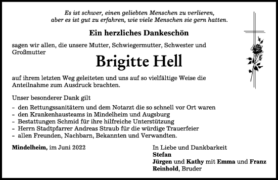 Traueranzeige von Brigitte Hell von Mindelheimer Zeitung